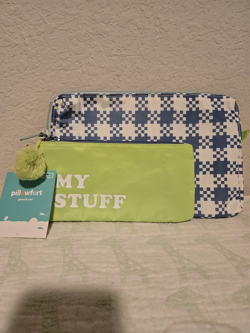 NWT Pillowfort Blue & White Check Pouch Set with Lime Green 'My Stuff' Pouch.
